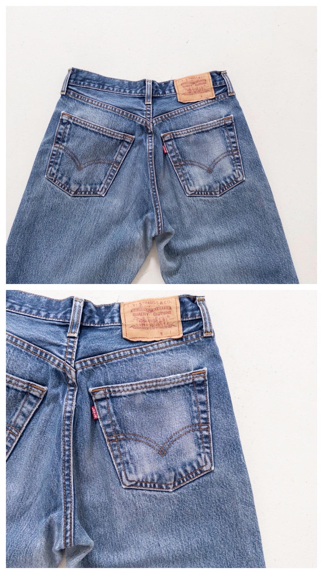 Levis 598 W25 L32 90s Vintage Faded Mid Blue Button Fly Denim Made in UK 1995