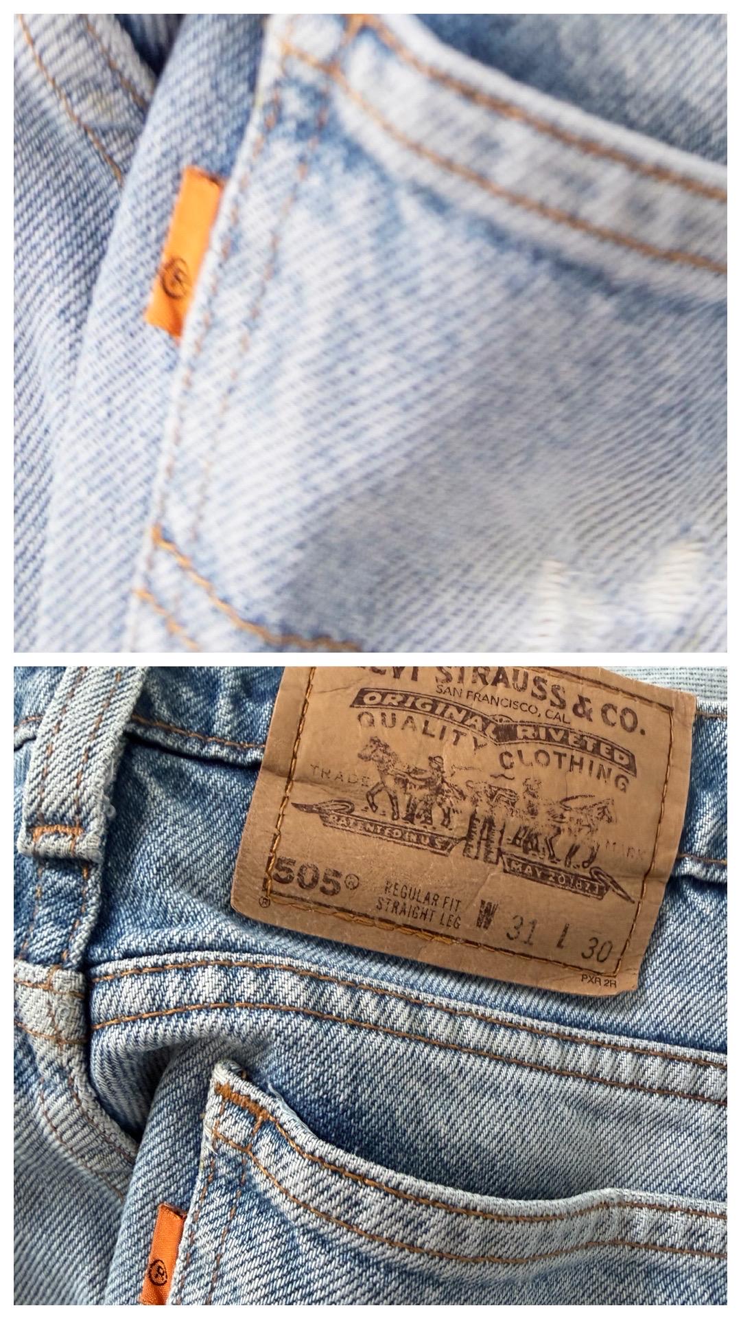 Levis 505 W29 L32 Thrashed Distressed Orange Tab Jeans 90s Vintage Made in USA Faded Light Blue Painter Denim 1996