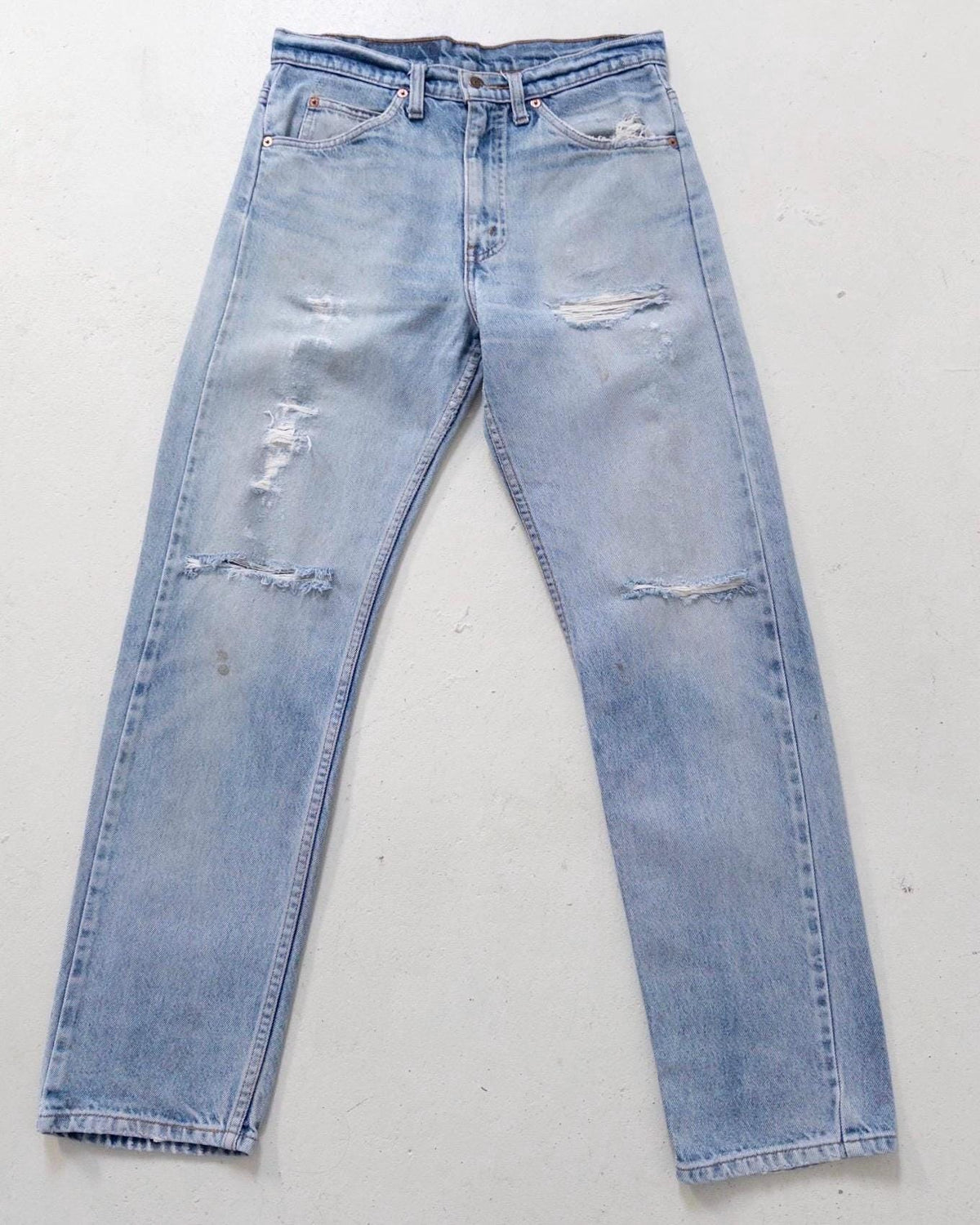Levis 505 W29 L32 Thrashed Distressed Orange Tab Jeans 90s Vintage Made in USA Faded Light Blue Painter Denim 1996