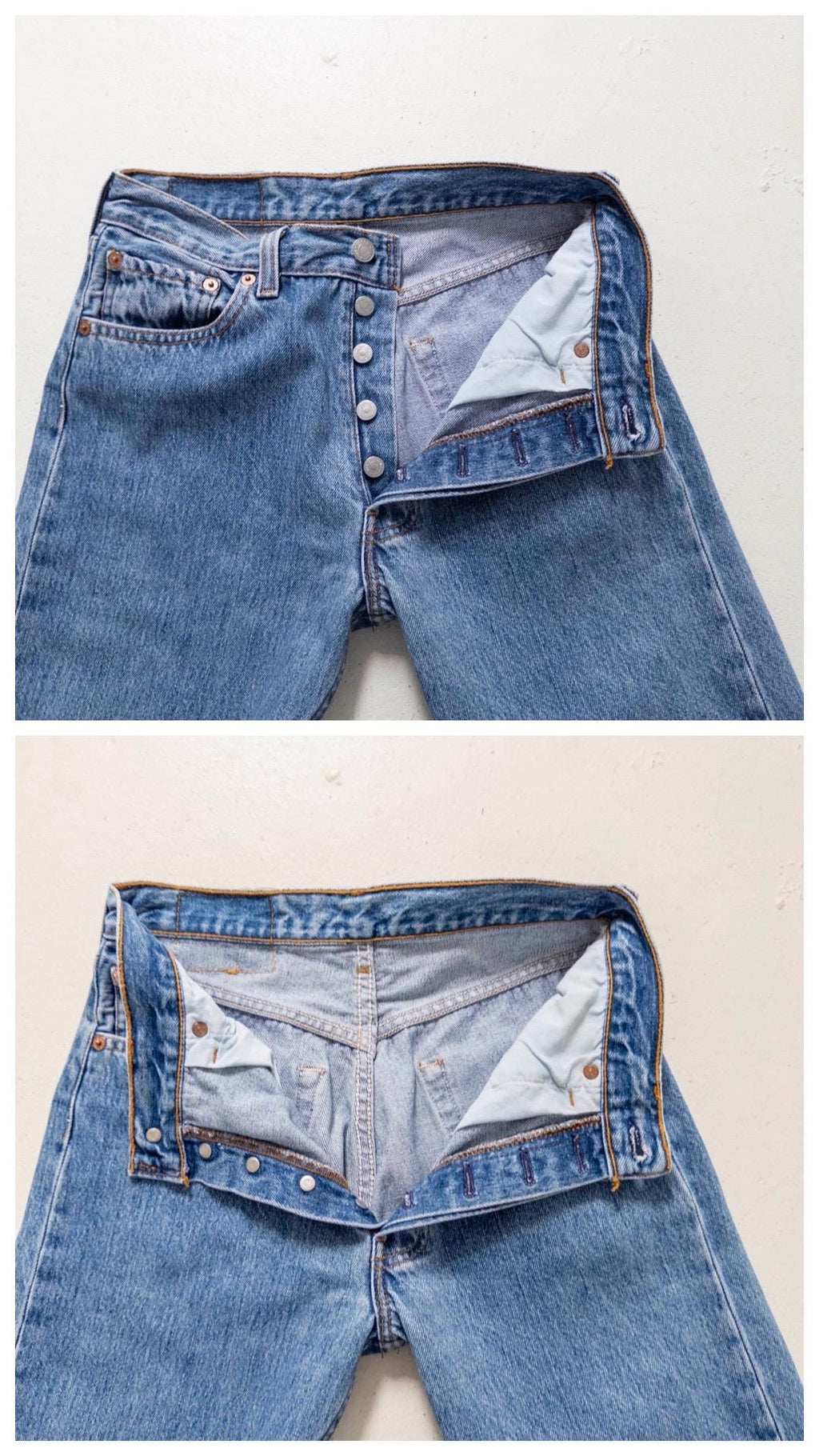Levis 501xx W26/27 L33 90s Made in USA Button 555 Mid Blue Denim 1997