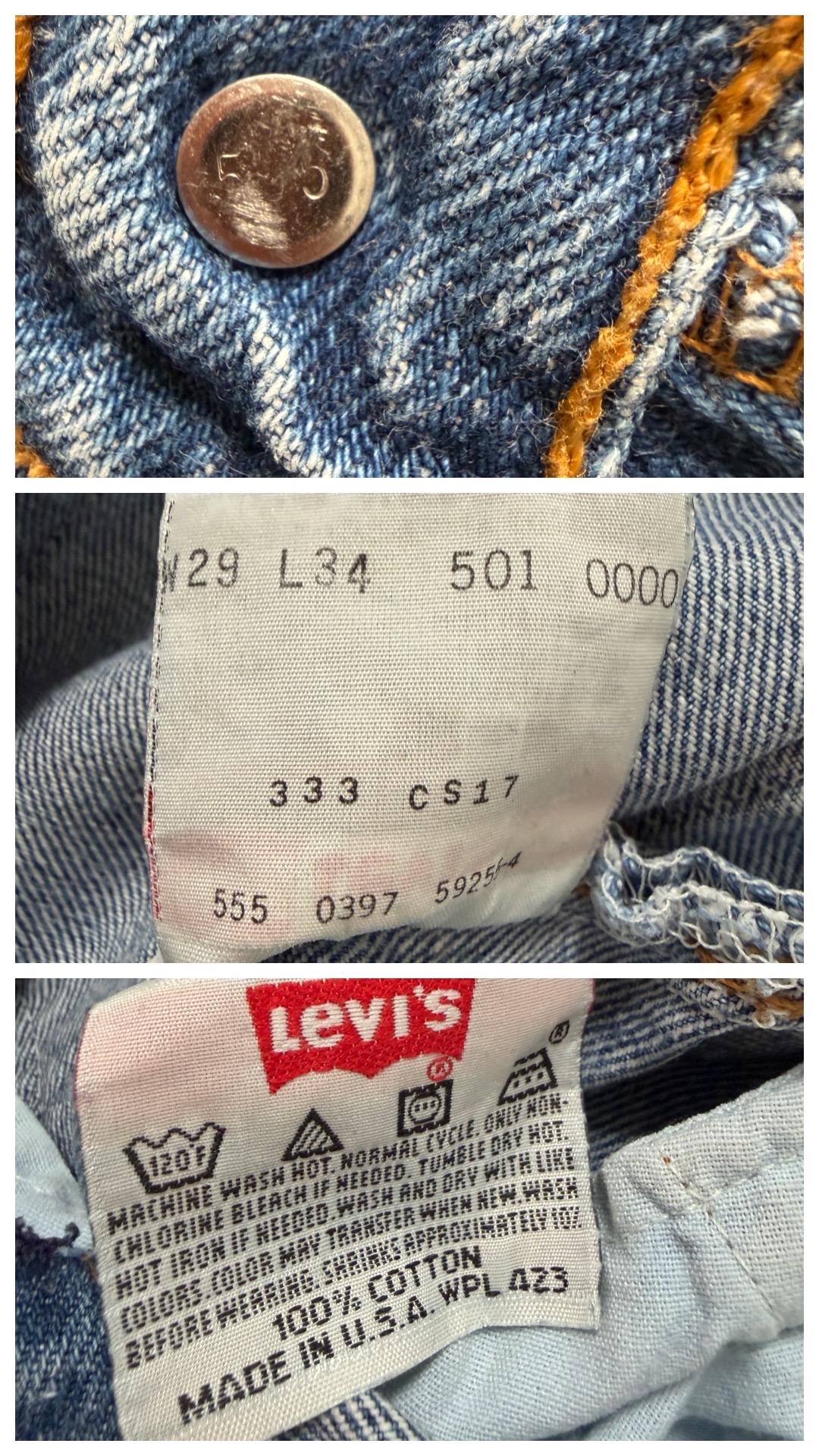 Levis 501xx W26/27 L33 90s Made in USA Button 555 Mid Blue Denim 1997