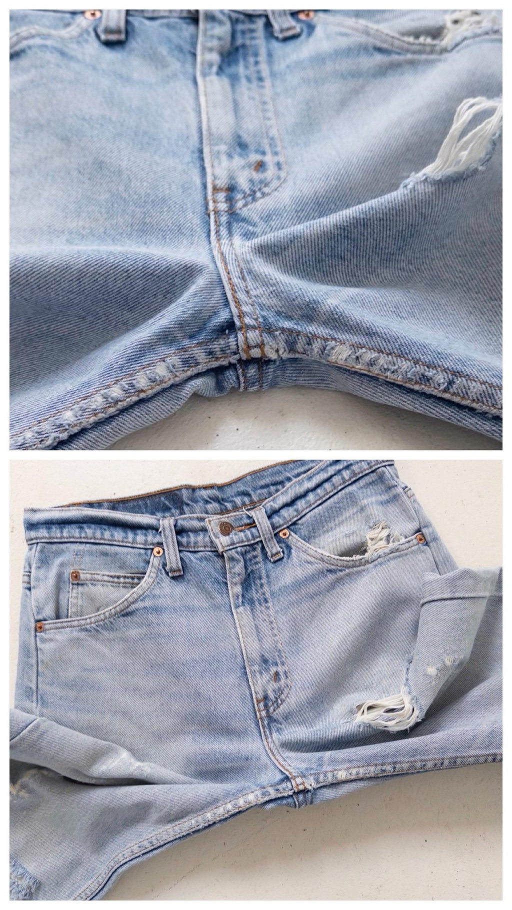 Levis 505 W29 L32 Thrashed Distressed Orange Tab Jeans 90s Vintage Made in USA Faded Light Blue Painter Denim 1996