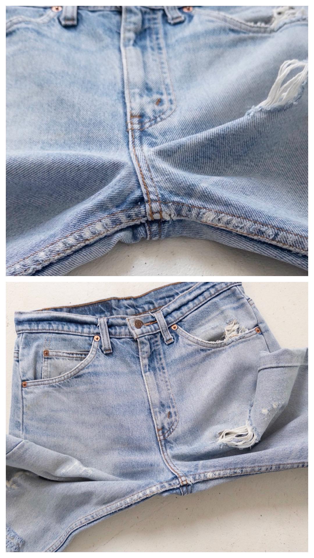 Levis 505 W29 L32 Thrashed Distressed Orange Tab Jeans 90s Vintage Made in USA Faded Light Blue Painter Denim 1996
