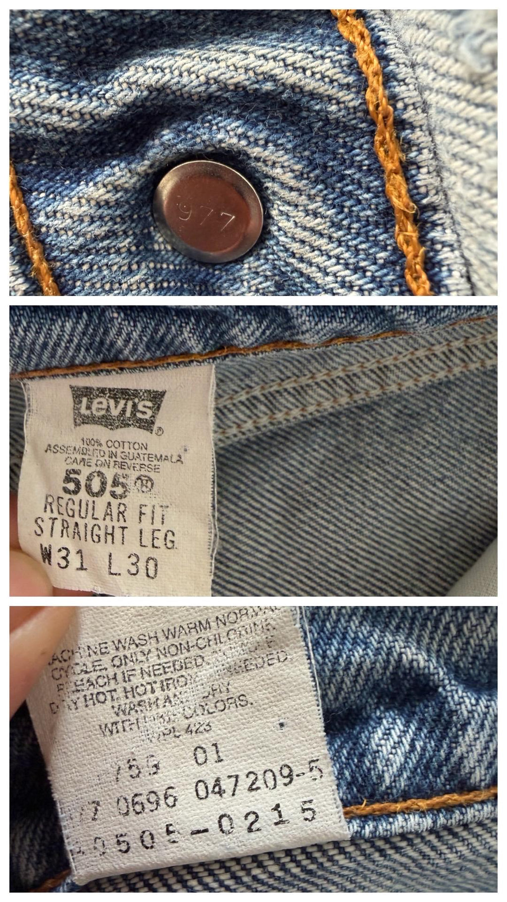 Levis 505 W29 L32 Thrashed Distressed Orange Tab Jeans 90s Vintage Made in USA Faded Light Blue Painter Denim 1996