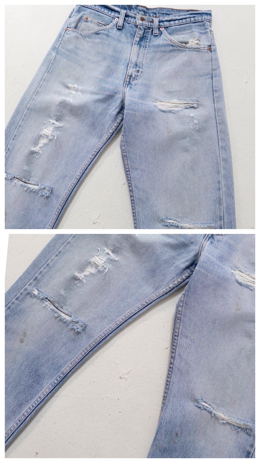 Levis 505 W29 L32 Thrashed Distressed Orange Tab Jeans 90s Vintage Made in USA Faded Light Blue Painter Denim 1996