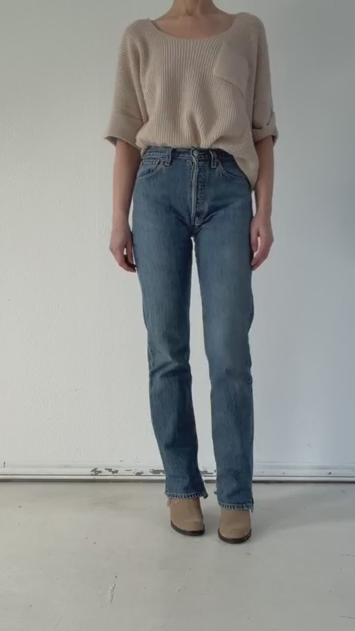 Levis 501 W25-26 L34 90s Vintage Faded Mid Blue Slit Hem Denim Made in Poland 1998