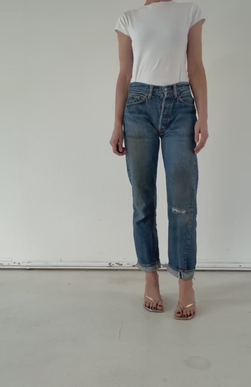 Levis 501 Selvedge Redline Jeans W27 L31 60s Vintage Made in USA Button 8 Single Stitch Faded Dark Blue Denim Big E Collectible