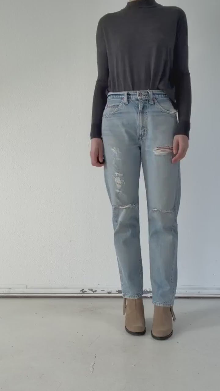 Levis 505 W29 L32 Thrashed Distressed Orange Tab Jeans 90s Vintage Made in USA Faded Light Blue Painter Denim 1996