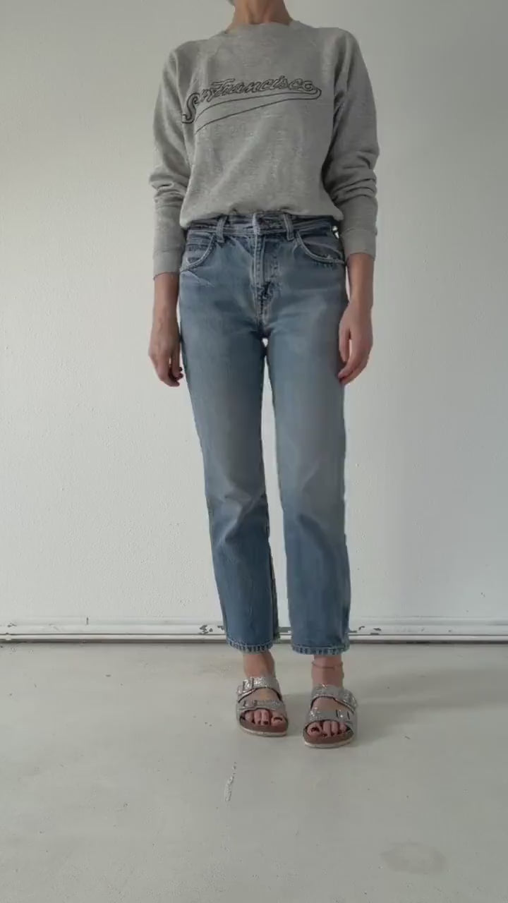 Wrangler Slim Jeans W27 L30 90s Vintage Distressed Faded Light to Mid Blue Straight Leg Denim