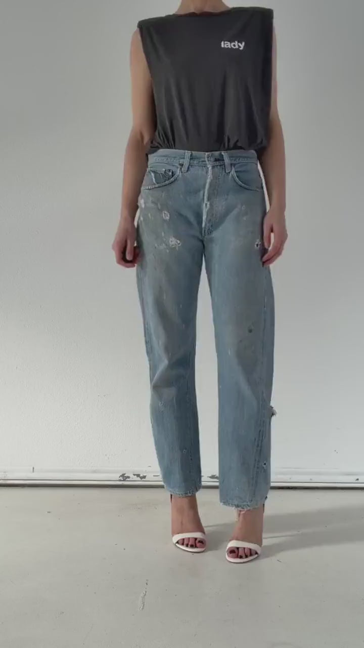 Levis 501 Selvedge Redline W29 L32 60s Vintage Made in USA  Single Stitch Button Stamp 6  Thrashed Distressed Light Blue Denim