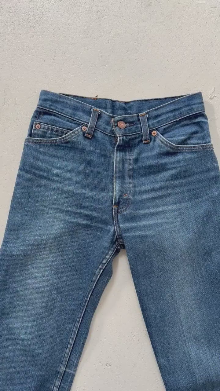 Levis 732 Flared Jeans W24 L29 Made in UK 70s Vintage Faded Dark Blue Bellbottoms