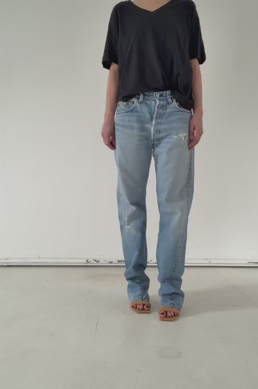 Levis 501 Selvedge Redline Jeans 80s Vintage Made in USA W32 W33 L36 Faded Mid Light Blue Denim Patchwork Distressed