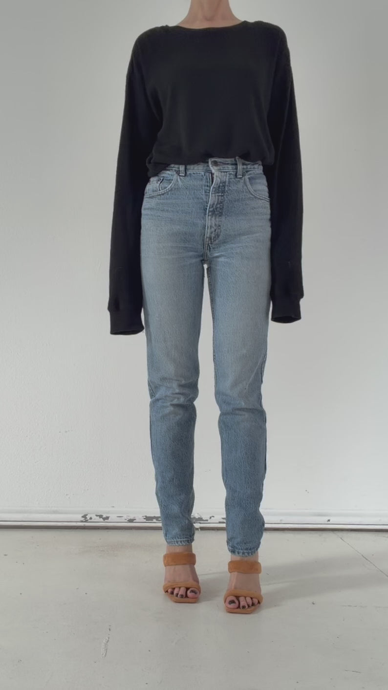 Levis 737 High Waist Slim Jeans W27/28 L33 80s Vintage Faded Mid Blue Paint Splattered Denim 1984 Silver Tab Made in Belgium