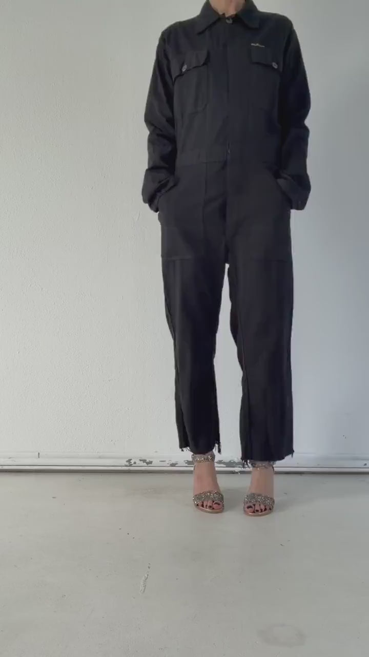 70s Vintage Workwear KLM Overall L XL Made in the Netherlands Black Coverall Frayed Hem